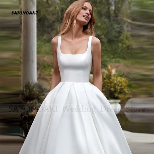 Elegant Simple Square Collar Satin Wedding Dress A-Line Backless Gown with Pockets